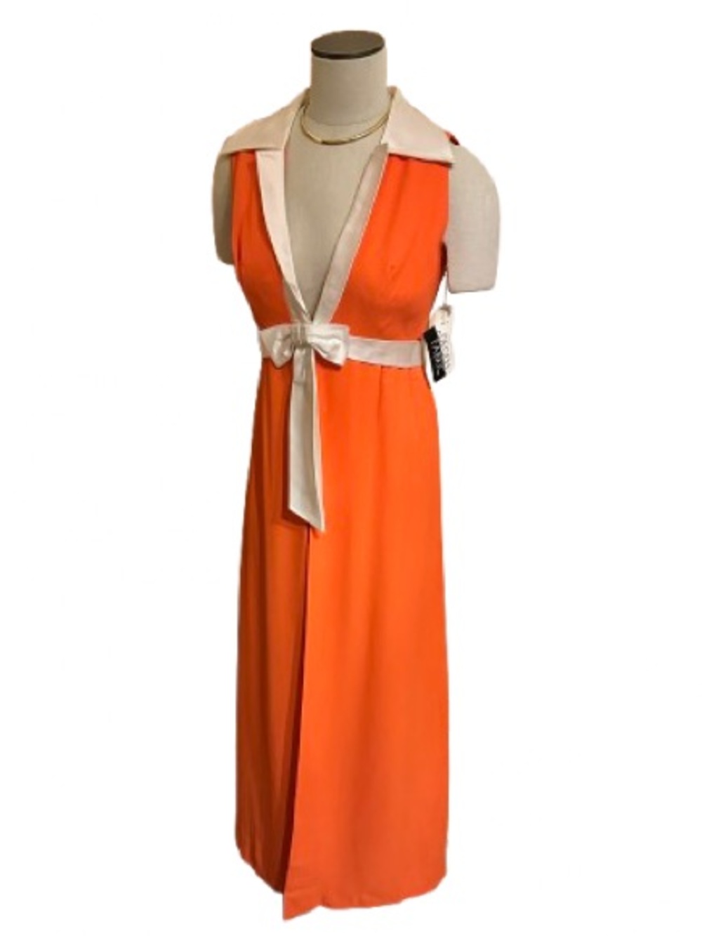 Vintage 60s Formal Orange Maxi Dress with Cream Collar and Bow